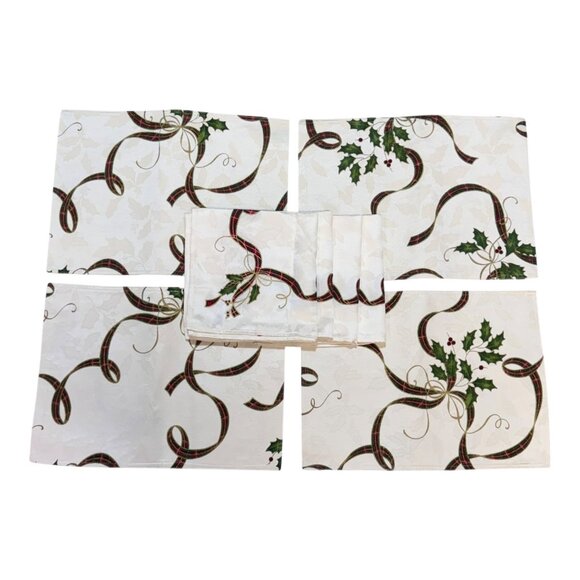 Lenox Embroidered Table Napkins Placemats Set 4 Linen Ribbons Holly Christmas - Picture 1 of 6
